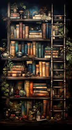 an image of a book shelf with many books on it and plants growing out of the shelves