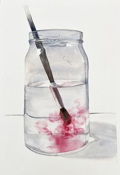 a watercolor painting of a jar with red liquid and a toothbrush in it