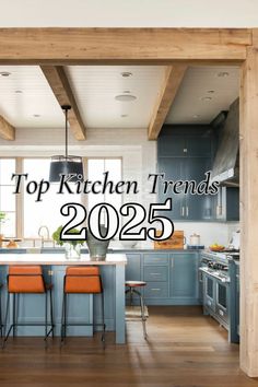 a kitchen with blue cabinets and orange chairs in the foreground is an open floor plan that says top kitchen trends 2055