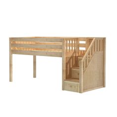 a wooden bunk bed with stairs next to it and a storage compartment underneath the bed