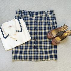 Navy, Cream And Ochre Plaid Cotton Pencil Skirt From Anthropologie By Odille. Offset Buttons, Wrap-Style With Dog-Eared Accent, Pockets At Side And Rear, Side Zip Closure, Back Vent, Fully Lined. Never Worn. Approximately 16" Waist, 21" Length, Mid-Rise, Hits Below Knee. Preppy Cotton Skirt For Workwear, Cotton Pencil Skirt, Plaid Pencil Skirt, Blue Cream, Wrap Style, Side Zip, Pencil Skirt, Mid Rise, Anthropologie