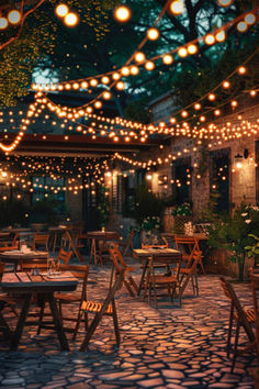 an outdoor dining area with lights strung from the ceiling and tables set up for dinner