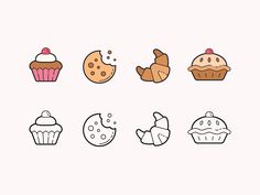 different types of food are shown in this drawing style, including cupcakes and muffins