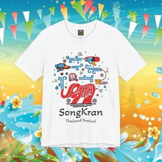 Celebrate the Songkran festival with this unisex T-shirt that exudes a festive vibe. Made with 100% Airlume combed and ring-spun cotton, this lightweight fabric tee is perfect for active and leisure wear. The retail fit and crew neckline make it suitable for casual and semi-formal settings, making it an essential addition to your wardrobe. Ideal for those looking to add a touch of cultural celebration to their outfit during the Songkran festival. Product features - 100% Airlume combed and ring-s Summer Music Festival Short Sleeve T-shirt, Fan Merchandise T-shirt For Music Festivals, Short Sleeve T-shirt For Summer Music Festival, Short Sleeve T-shirt With Sublimation Print For Festival, Fun Summer Festival T-shirt, Festival Graphic Print Crew Neck Top, Screen Print Crew Neck T-shirt For Music Festivals, Festival Crew Neck T-shirt With Graphic Print, Cotton T-shirt With Front Print For Music Festivals