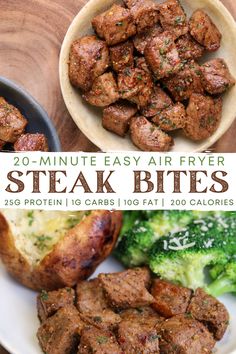 steak bites on a plate with broccoli, potatoes and other foods in the background