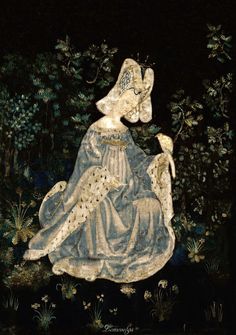 an image of a woman sitting in the grass with flowers around her and a bird on her shoulder