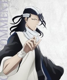 an anime character with long black hair wearing a white and black outfit holding a cell phone