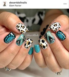 Nails Western Rodeo, Turquoise Nail Design, Halloween Western Nails, Morgan Wallen Nails Design, Country Themed Nails, Teal Country Nails, Teal Nail Designs Turquoise, Fall Country Nails, Native Nail Designs