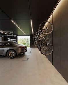 a car parked in a garage next to a bike rack