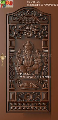 an intricately carved metal door with ganesha on the front and side panel