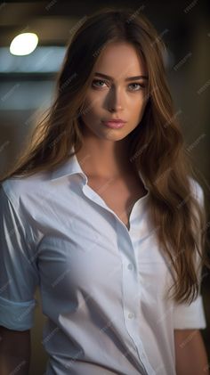 a beautiful young woman with long brown hair wearing a white shirt and blue jeans is looking at the camera