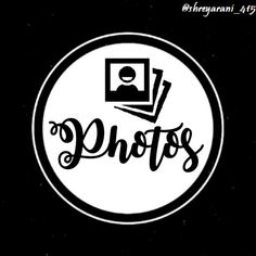 the words photos are written in black and white on a round sticker with an image of