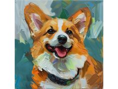 a painting of a corgi dog smiling