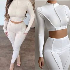 Long Sleeve Top High Waist Pants Rib Material White Fitted Two-piece Bottoms Set, Fitted White Two-piece Bottoms Set, White Fitted Two-piece Bottom Set, Fitted White High Waist Sets, White Fitted High Waist Sets, White Fitted Sets With High Waist, Twice As Nice, High Waist Pants, Waist Pants