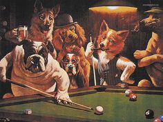 a painting of dogs playing pool in a bar with other dogs on the sidelines