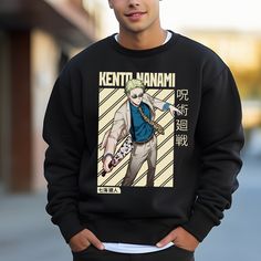 This vintage Kento Nanami anime crewneck is the perfect anime lover and jujutsu kaisen sweater. It can be a gift for him or a gift for her or they/them. If you have any questions, issues, or concerns, please don't hesitate to reach out directly via Etsy messages:) Thank you! I am so grateful for your support of my small business.  PLEASE REFERE TO THE SIZE CHART  NO REFUNDS UNLESS ITS EITHER MY MANUFACTURERS OR MY SELF FAULT. Ideal for any situation, a unisex heavy blend crewneck sweatshirt is p Casual Character Print Sweatshirt For Cosplay, Casual Black Cosplay Sweatshirt, Casual Sweatshirt With Anime Print For Streetwear, Cotton Character Print Sweatshirt For Cosplay, Casual Cartoon Print Sweatshirt For Fans, Black Cotton Anime Sweatshirt, Black Crew Neck Sweatshirt For Cosplay, Anime Cotton Sweatshirt With Crew Neck, Anime Print Crew Neck Sweatshirt For Cosplay