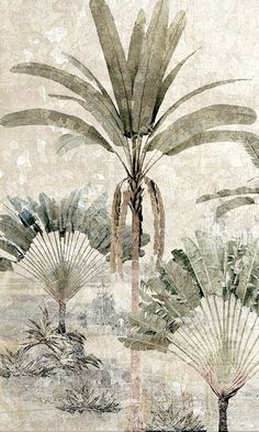 an abstract painting of palm trees and other tropical plants in shades of grey, green, beige and black