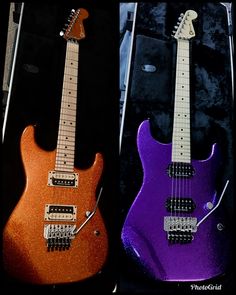 two electric guitars sitting side by side in their cases, one is orange and the other is purple