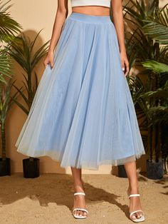 Baby Blue Romantic   Mesh Plain Flared Embellished Slight Stretch Spring/Summer Women Bottoms Long Flare Skirt, Blue Skirt Outfits, Blue Tulle Skirt, Light Blue Skirts, Flared Midi Skirt, Clothes Spring, Skirt Elegant, Long Skirt Outfits, Tulle Skirts