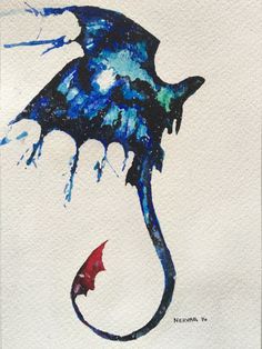 a painting of a blue and red dragon on white paper