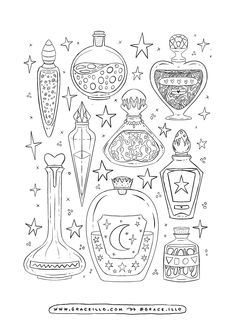 the coloring page is filled with different types of perfume bottles and stars in black and white