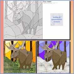 three different stained glass images with animals in the middle one is an elk and the other two are moose