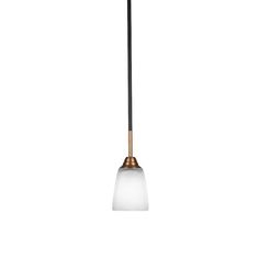 a black and gold pendant light with a white glass shade on the bottom of it