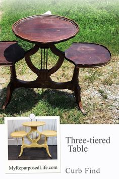 three tiered table made from old furniture