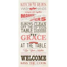 the kitchen rules wall sticker in red and white is shown with words on it