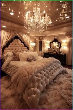 a luxurious bedroom with white fur and chandelier