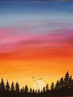 an acrylic painting of a sunset with trees and birds flying in the sky