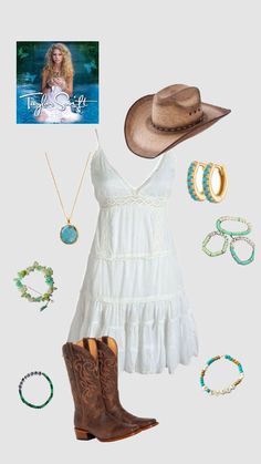 a woman in white dress and cowboy hat next to jewelry