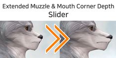 an animated image of a wolf's head with the text extended muzzle & mouth corner depth slider