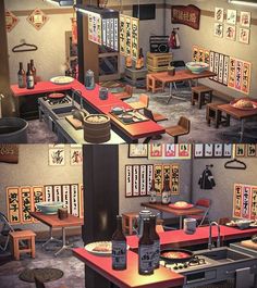 Acnh Japanese Kitchen, Animal Crossing Japanese Restaurant, Animal Crossing Japanese Town, Animal Crossing Restaurant, Animal Crossing Japanese, Animal Crossing Cafe, Acnh Japanese, Acnh Interior, Ramen House