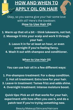 Discover the benefits of hair oiling! Learn how to apply it, when to use it, and which oil is best for your hair type. Achieve healthier, shinier, and more manageable hair with this simple yet effective routine.
hair oil, hair care, hair oiling, hair treatment, hair growth, healthy hair, shiny hair, soft hair, hair oil benefits, how to use hair oil, when to use hair oil, hair oil types
#haircare #hairoil #hairoiling #hairgrowth #healthyhair #shinyhair #softhair #hairtips #hairtreatment #beautyti How To Oil Hair For Growth, How To Keep Hair Moisturized, Deep Oiling Hair Routine, How To Oil Hair, How To Hair Oil, How To Use Hair Oil, Oiling Hair Routine, Hair Oiling Tips, Honey Hair Oil