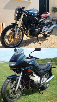 two pictures of motorcycles parked in front of a building and the same photo has been altered