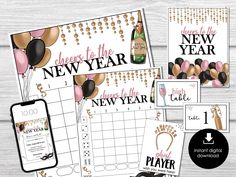 new year's eve party printables with balloons, champagne and wine bottles