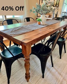 Pictured with a 6' L x 36 W Rustic Farm Table stained Early American. Pictured with 6 Matte Black Metal Dining Chairs. Black Metal Dining Chairs, Rustic Farm Table, Farm Dining Table, Real Wood Furniture, Stained Table, Farmhouse Decor Kitchen, Dining Table Rustic, Modern Farmhouse Dining, Farmhouse Kitchen Tables