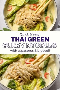 thai noodle soup with asparagus and broccoli in a white bowl