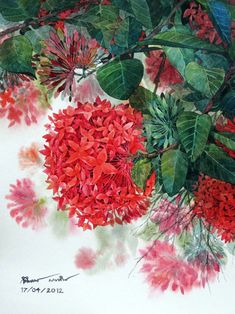 a painting of red flowers and green leaves