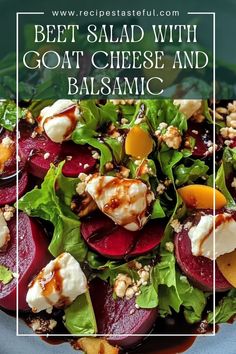 beet salad with goat cheese and balsamic in a blue bowl on a table