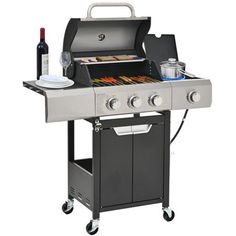 a bbq grill with two burners and one side door open, on wheels