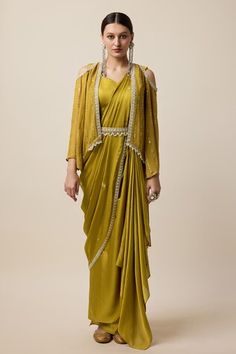 Mustard pre-draped saree with sequin, pearl, zari thread embroidery in floral placement pattern. Paired with padded blouse, detachable pallu, pearl border embroidered belt and stripe embroidered jacket. - Aza Fashions Blouse Sweetheart Neck, Sweetheart Neck Blouse, Pearl Border, Embroidered Belt, Drape Saree, Georgette Blouse, Open Sleeve, Blouse Sleeveless, Thread Embroidery