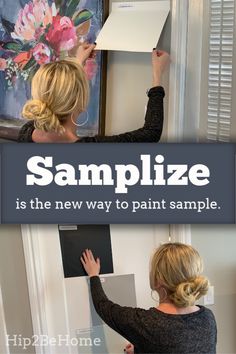 a woman holding up a piece of paper with the words sample is the new way to paint sample