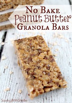 no bake peanut butter granola bars are stacked on top of each other with the words, no bake peanut butter granola bars