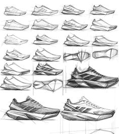 some sketches of shoes that are drawn in pencil