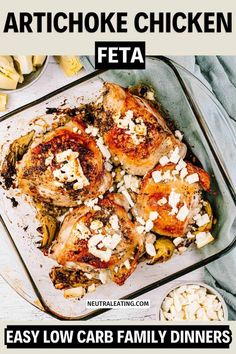 Looking for easy dinner recipes for family? We have the best keto feta chicken recipe that everyone will love! This low carb dinner recipe is so easy to make for family dinners! Give our artichoke chicken thighs in oven a try! Low Fat Chicken Recipes, Chicken Freezer Meals, Baked Artichoke, Feta Chicken