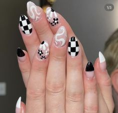 Nails Design Checkered, Checkered Pedicure, Checkered Nail Designs, Gamer Nails, Trippy Nails, Checkerboard Nails, Concert Nails, Western Nails