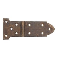 an old door hinge with holes in the front and back side, on a white background