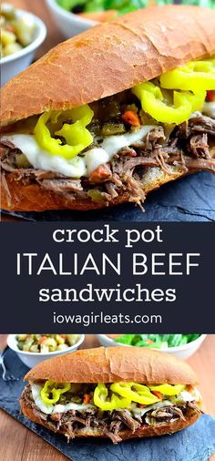 the crock pot italian beef sandwiches are loaded with cheese, peppers and other toppings